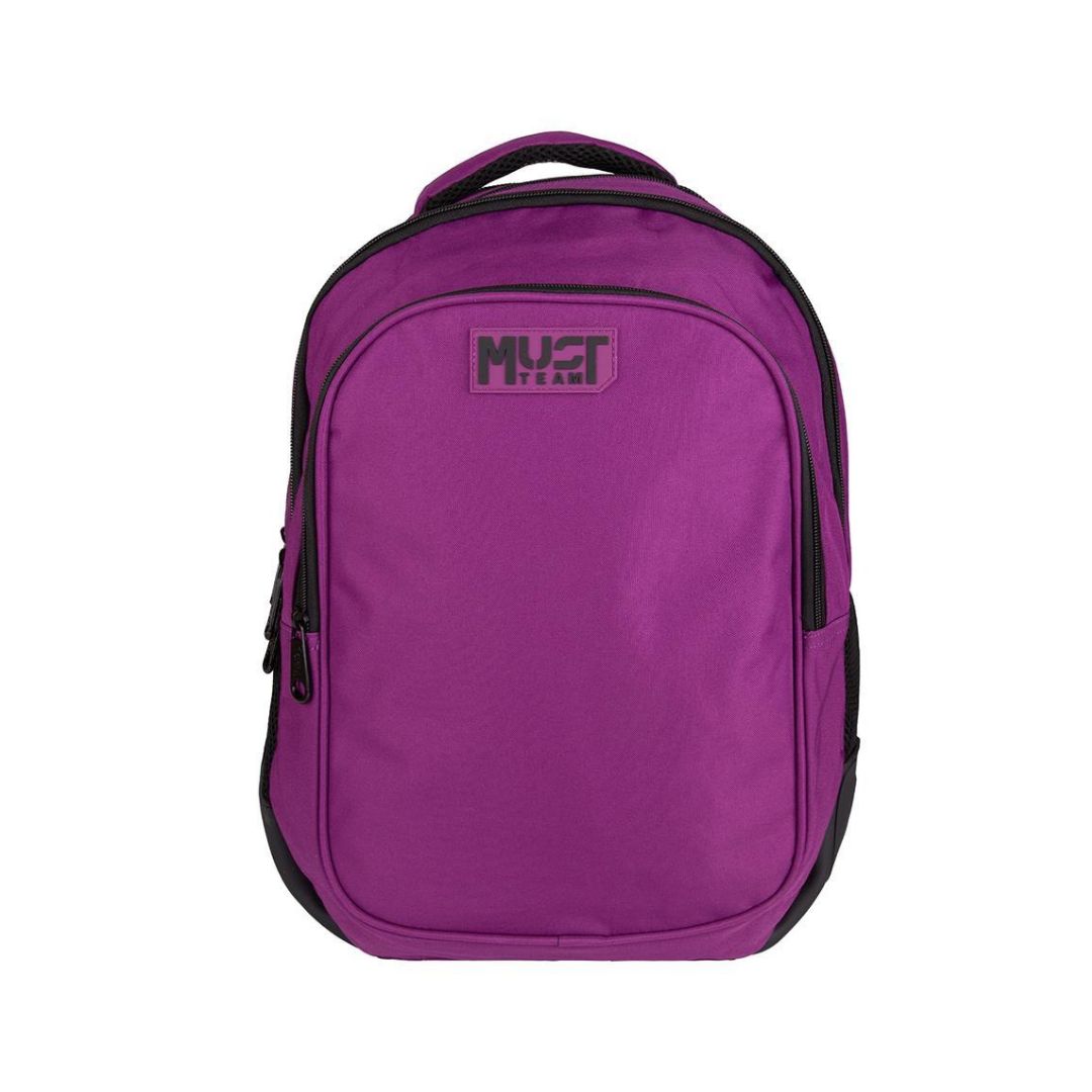 A purple backpack with black trim and a black 'MUST' logo patch on the front, shown against a plain white background.