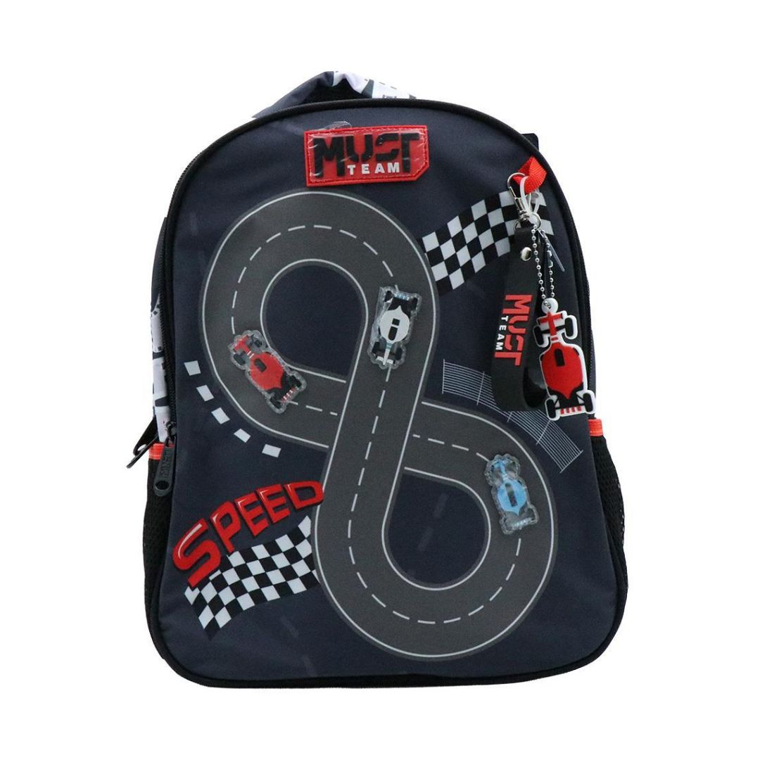 A black kids' backpack featuring a racing track graphic, checkered flags, and red 'Must Team' branding, shown on a plain white background.