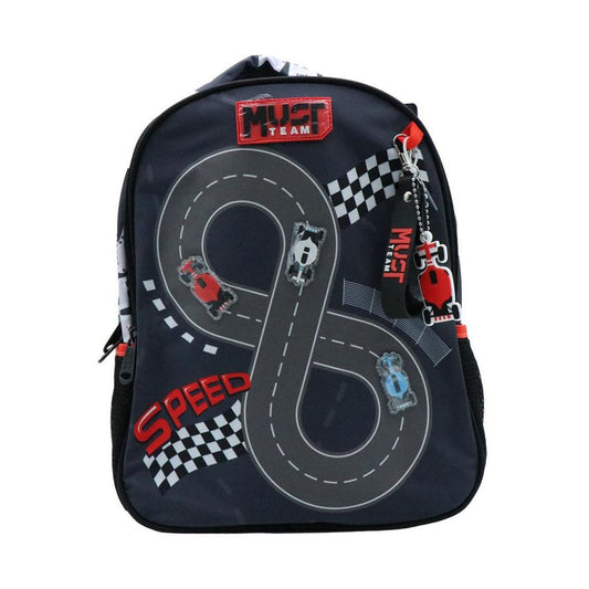 A black kids' backpack featuring a racing track graphic, checkered flags, and red 'Must Team' branding, shown on a plain white background.