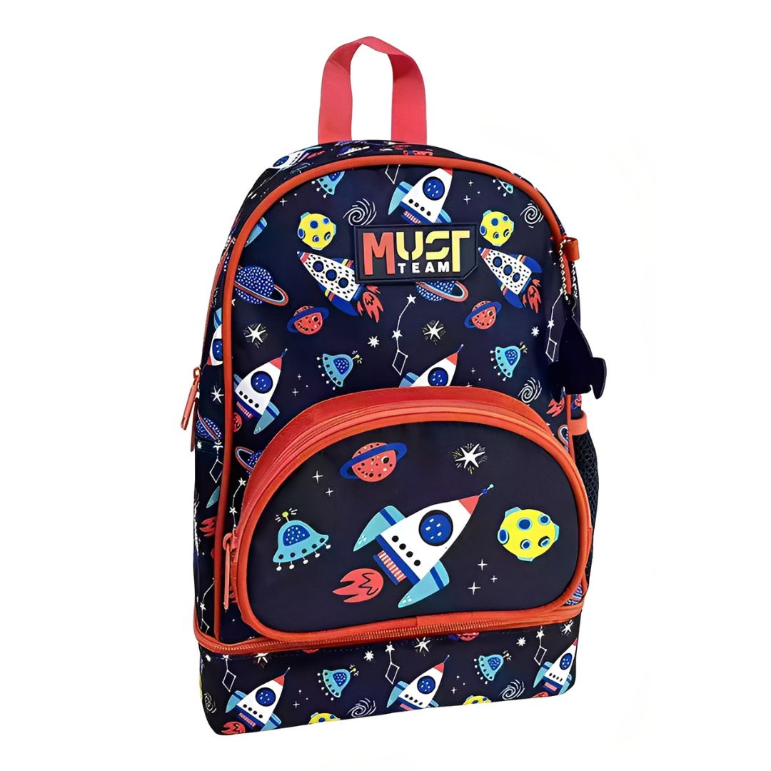 A kids' backpack with a dark navy blue space-themed print featuring colorful rockets, planets, stars, and the text 'MUST TEEN'. The backpack has bright orange trim, a pink top handle, and a front zippered pocket.