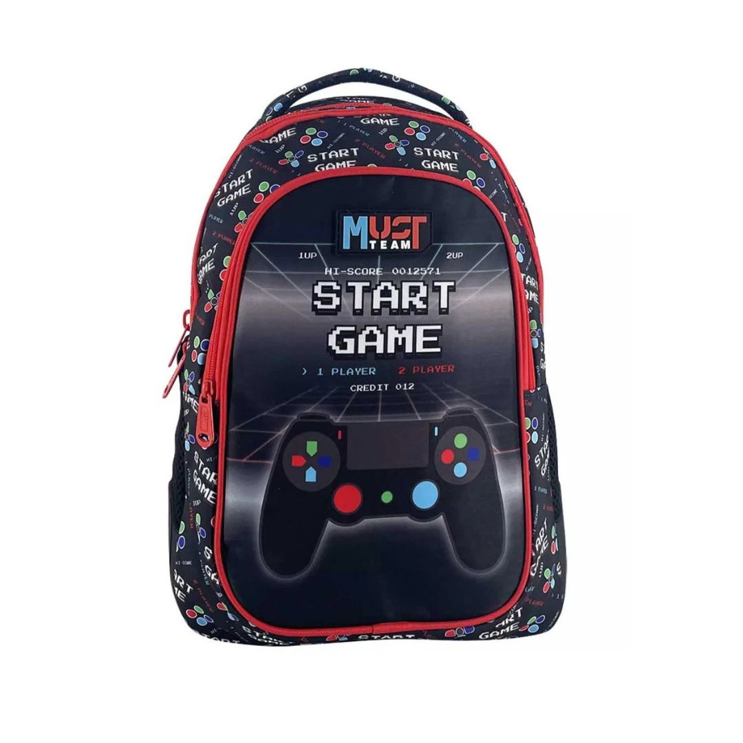 A black gaming backpack with red piping and a retro video game theme. The front features a graphic of a game controller over a digital screen with the text 'MUST TEAM START GAME' and pixelated text.