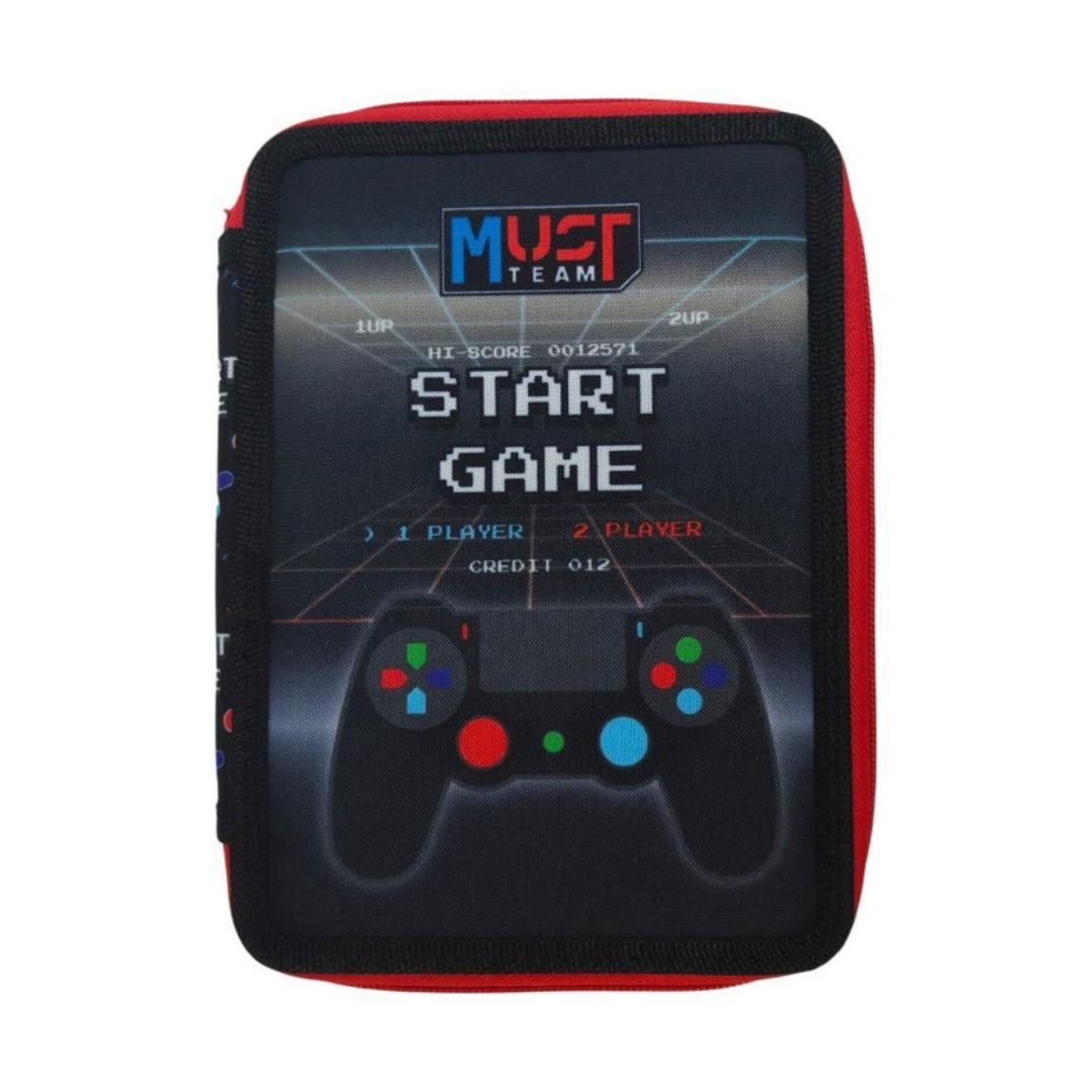 A rectangular padded case with a black front panel printed with a retro video game start screen and game controller graphic, bordered by red fabric on the sides, shown on a plain white background.