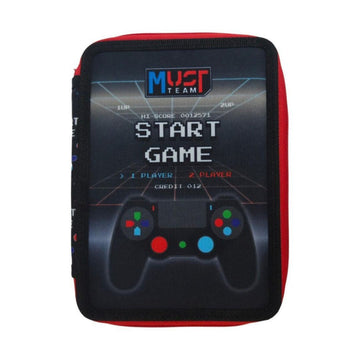 A rectangular padded case with a black front panel printed with a retro video game start screen and game controller graphic, bordered by red fabric on the sides, shown on a plain white background.