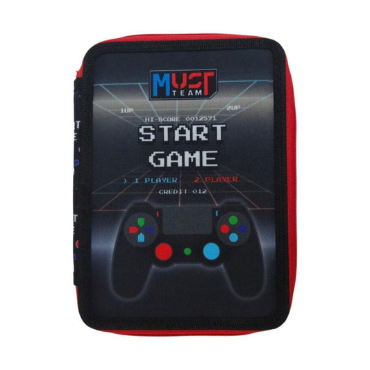 A rectangular padded case with a black front panel printed with a retro video game start screen and game controller graphic, bordered by red fabric on the sides, shown on a plain white background.