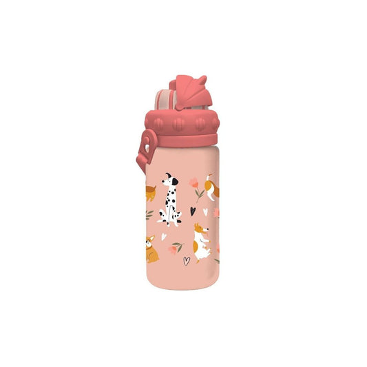 A pink insulated water bottle with a matching pink lid and carry loop, decorated with a cute cartoon pattern of dalmatians, foxes, and hearts.