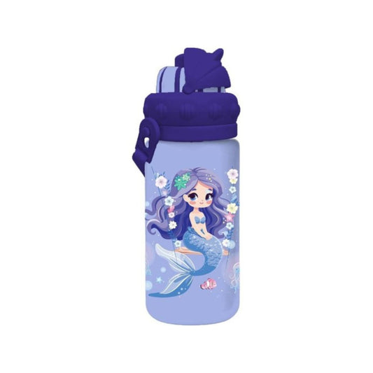A light purple water bottle with a cartoon mermaid illustration on the front, featuring a dark purple lid with a carrying loop, set against a plain white background.