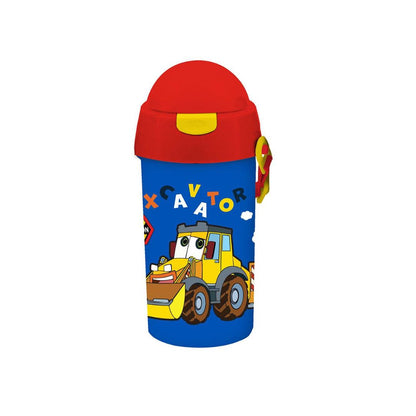A children's insulated bottle with a bright red lid, yellow carrying loop, and blue body featuring a cartoon yellow construction vehicle and colorful letters, shown on a plain white background.