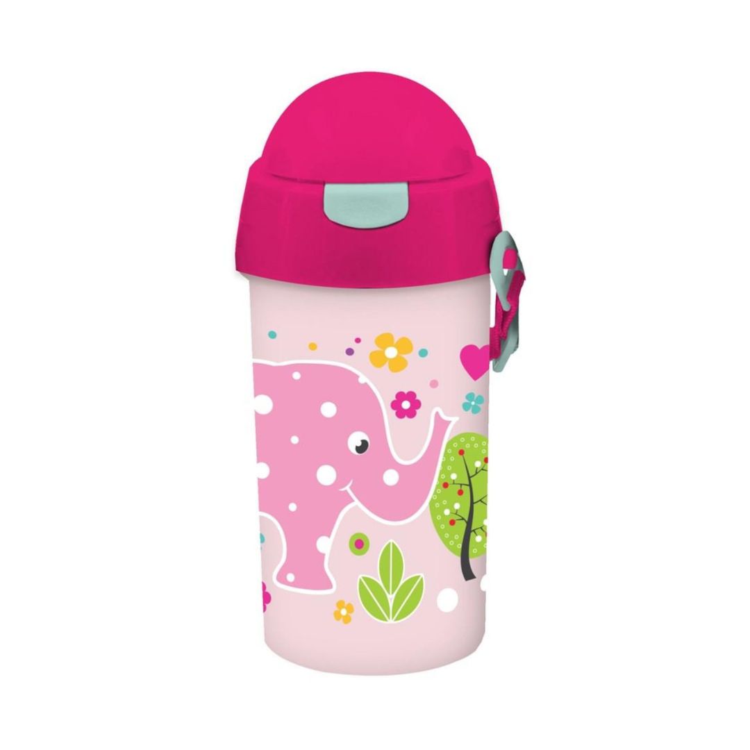 A pink children's water bottle with a matching pink lid, decorated with a cartoon pink elephant, green tree, and colorful flowers on a white background.
