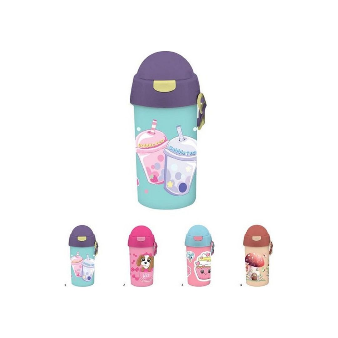 A set of four insulated water bottles with colorful bubble tea and dessert illustrations, shown with one large bottle and four smaller color variants below on a white background.