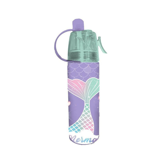 A personalized kids' water bottle with a purple mermaid tail design, featuring a translucent mint green cap and loop handle, and the name 'Nerma' printed at the bottom.