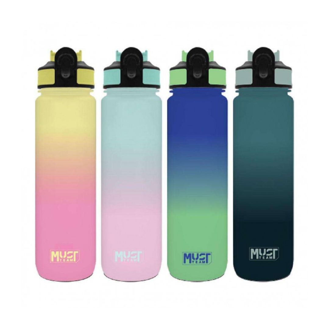 Four insulated water bottles with flip-top lids, shown side by side on a white background. Each bottle has a different ombre gradient design: yellow to pink, light blue to pink, blue to green, and dark teal to navy.