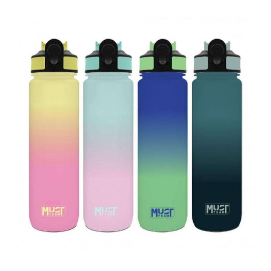 Four insulated water bottles with flip-top lids, shown side by side on a white background. Each bottle has a different ombre gradient design: yellow to pink, light blue to pink, blue to green, and dark teal to navy.
