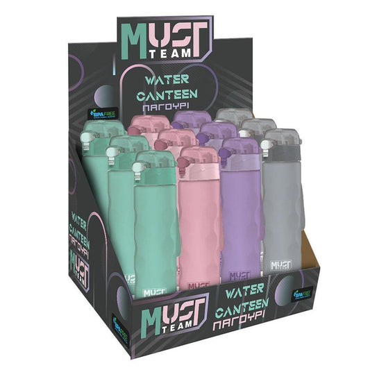 A retail display box containing multiple mini water canteen bottles in assorted pastel and neutral colors, including mint green, pink, lavender, and gray. The display box features 'MUST TEAM' branding.