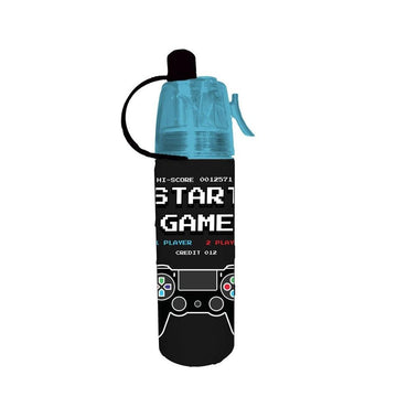 A black water bottle with a translucent light blue cap and loop handle, featuring a retro video game screen design with pixelated text reading 'START GAME' and a game controller graphic.