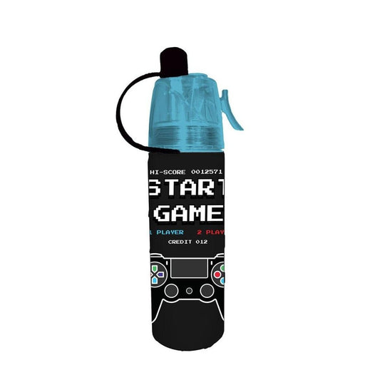 A black water bottle with a translucent light blue cap and loop handle, featuring a retro video game screen design with pixelated text reading 'START GAME' and a game controller graphic.