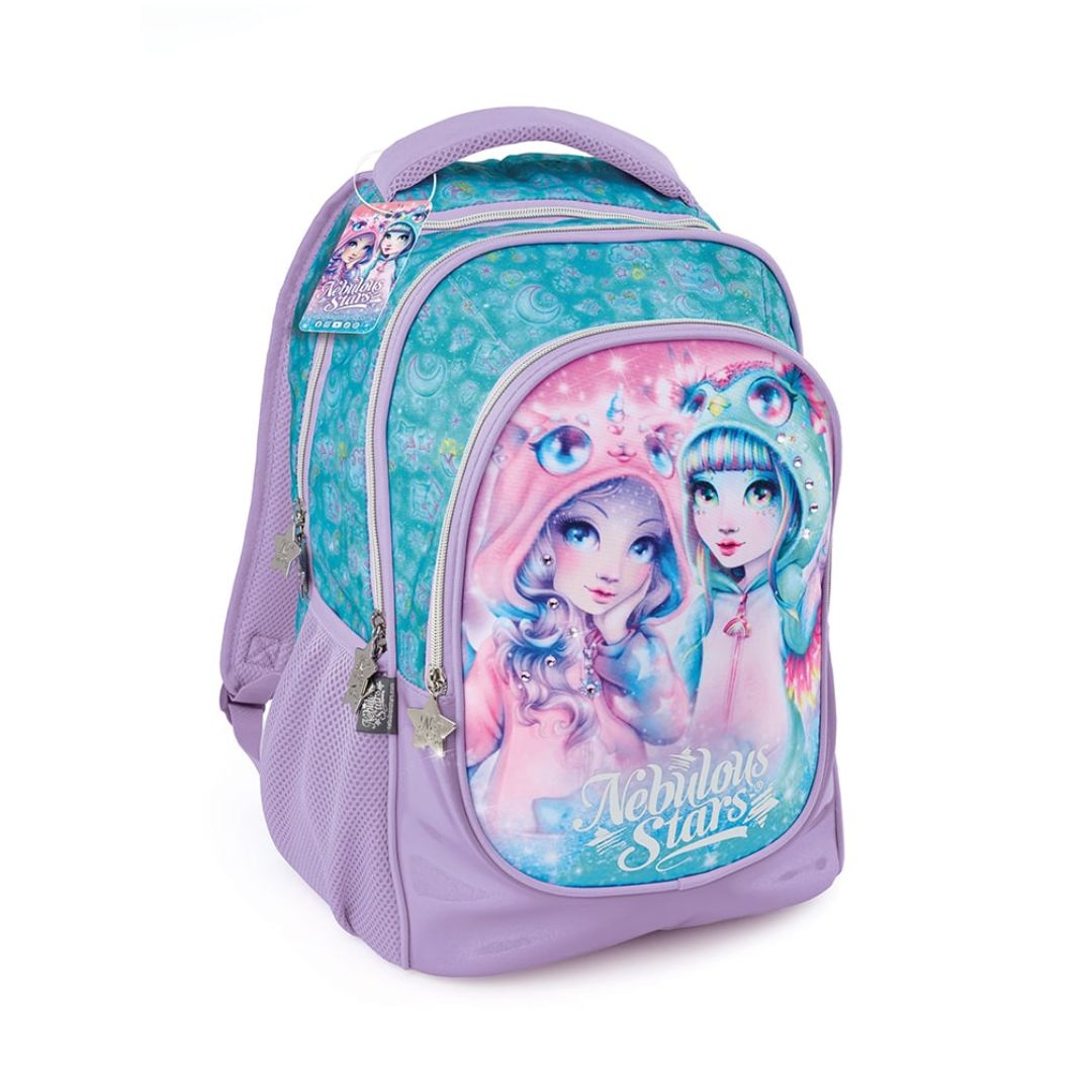 A purple and teal EverAfter High School backpack featuring character graphics of Aurora and Luna from 'Mermaid Tales' on the front pocket, set against a plain white background.