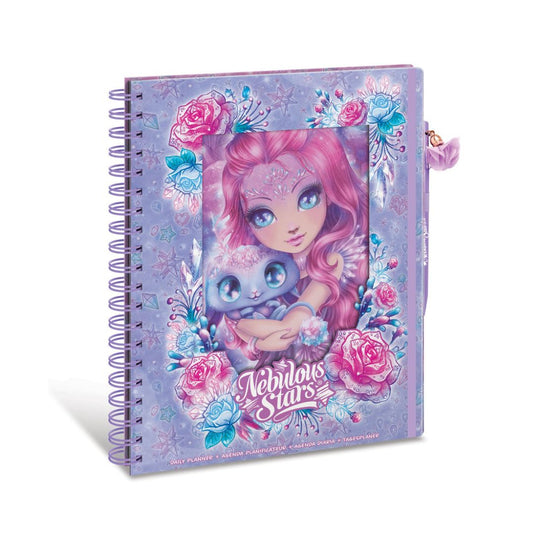 A spiral-bound notebook with a lavender cover featuring an illustration of a pink-haired girl holding a blue creature, surrounded by pink and blue flowers. The cover reads 'Fabled Stars' and is shown on a white background.