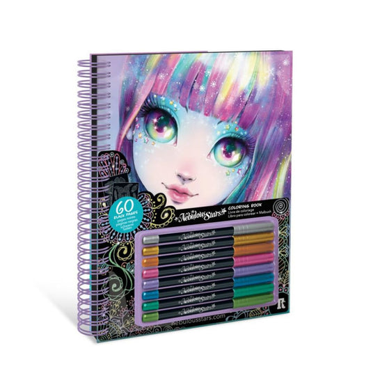 A spiral-bound coloring book with a colorful fantasy character cover, featuring a built-in set of 60 colored pencils visible through a clear window on the front. The cover art shows a stylized face with pastel rainbow hair against a dark purple background.