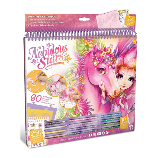 Nebilous Stars Creative Sketchbook set with a pink and purple illustrated cover, spiral binding, and included colored pencils and stickers, shown on a plain white background.
