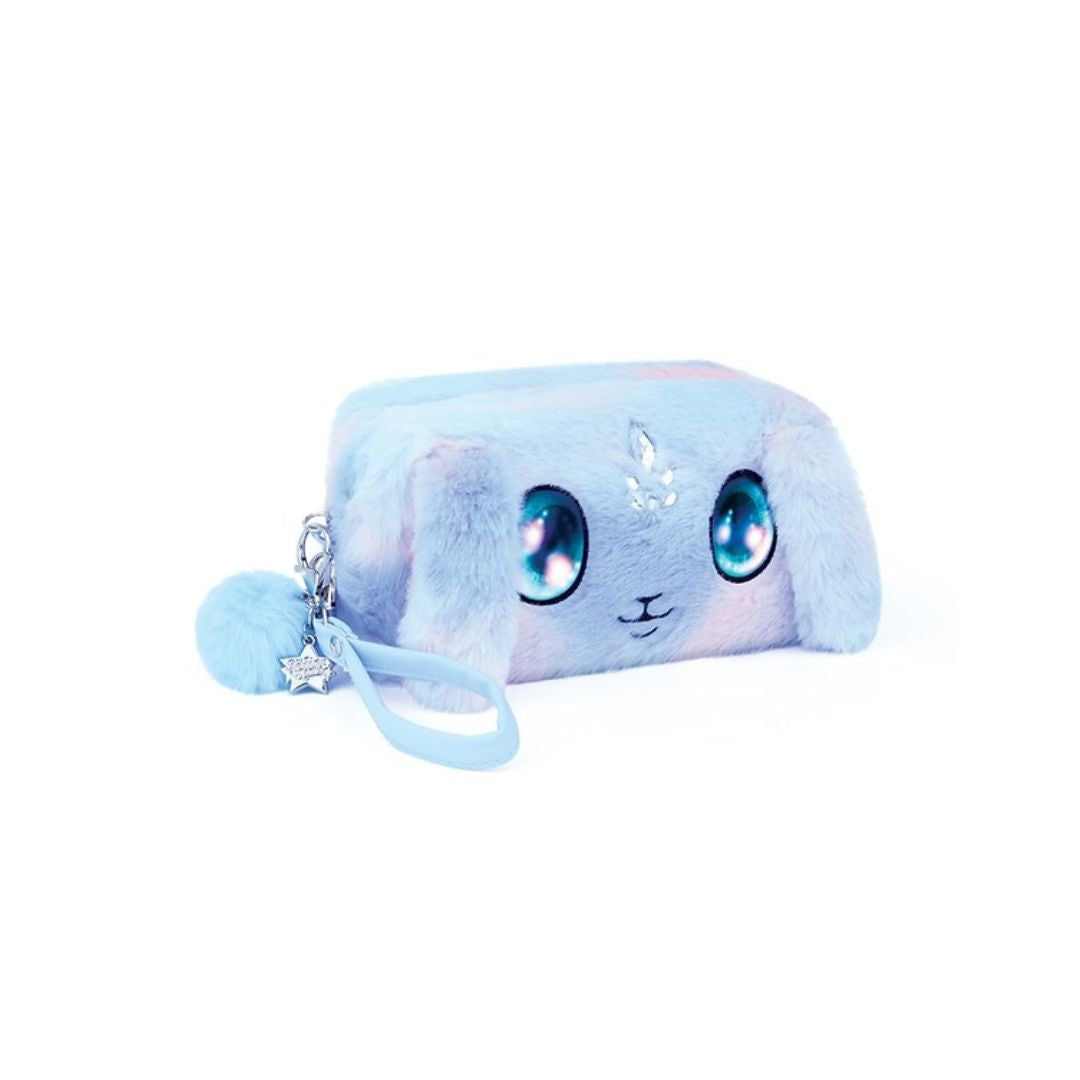 A light blue plush pencil case with a cute cartoon face, large sparkling blue eyes, a small silver horn detail, and a matching wrist strap with a pom-pom charm, shown on a white background.