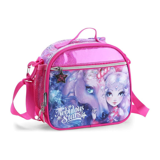 A pink children's lunch bag with a printed design of a unicorn and a girl, featuring the text 'Fairytail Stars' and a star-shaped charm, on a white background.
