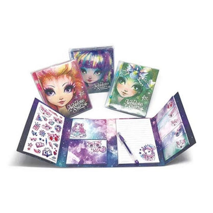 A set of magical girl themed stationery items displayed on a white background, including three small illustrated boxes, a folded notebook, sticker sheets, and a pen.