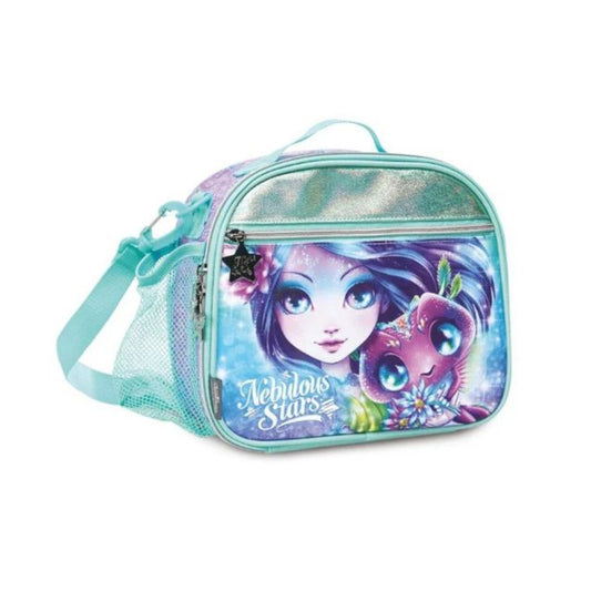 A children's lunch bag with a holographic silver top panel, a turquoise mesh side pocket and strap, and a colorful printed front featuring a mermaid character and the text 'Mermaid Stars'.