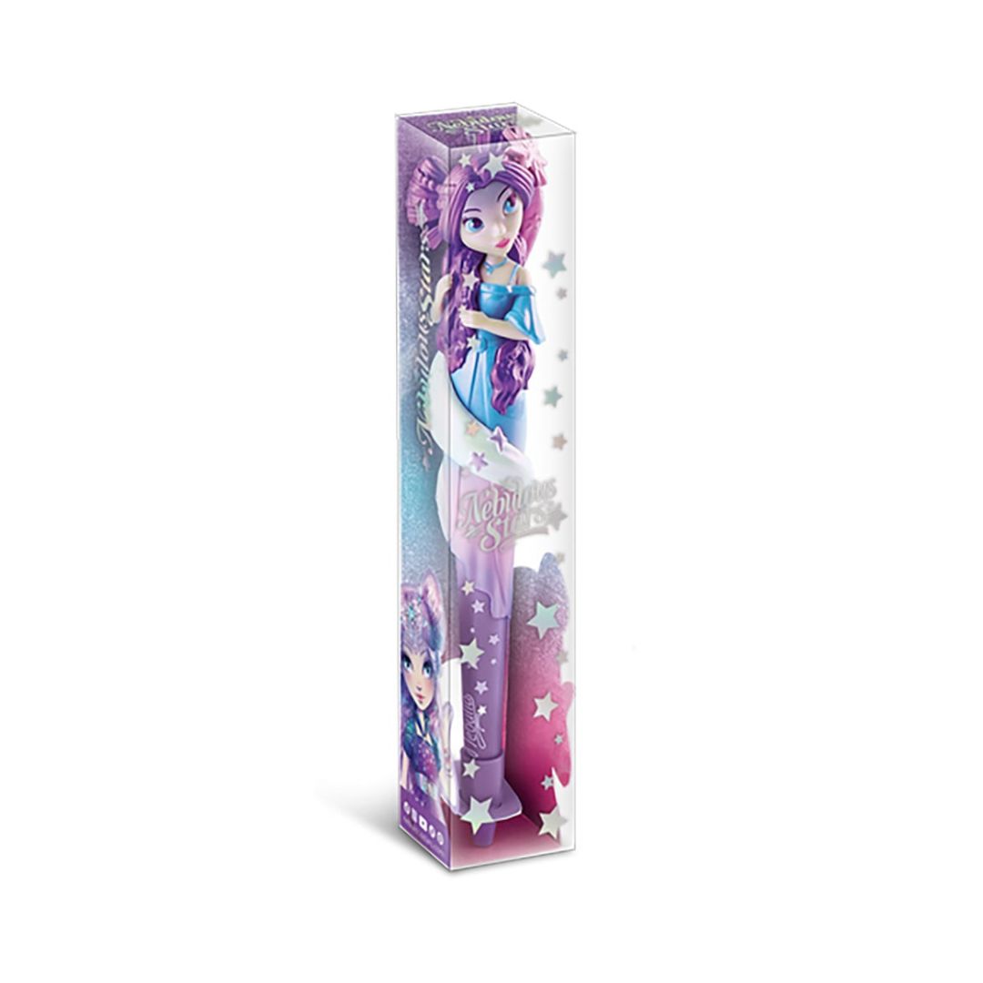 A Magic School Bus themed pen toy in its clear plastic packaging, featuring a purple-haired character with a blue and white outfit and silver stars.