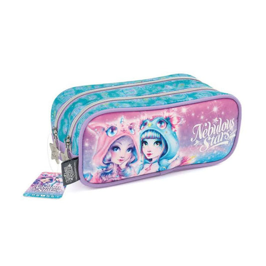 A Fabulous Stars pencil case with a dual zipper design, featuring colorful character graphics and a matching hangtag on a white background.