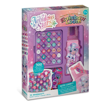 Nebulous Stars Rainbow Loom toy kit in its original retail packaging, featuring a purple loom board with colorful thread spools, a character stamp, and accessories.