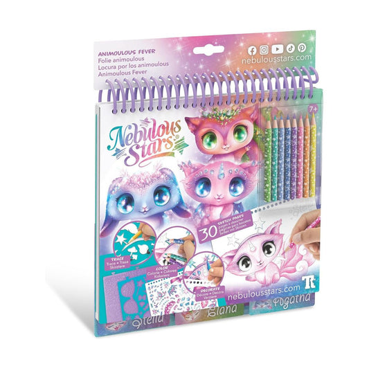 Nebulous Stars 'Animousous Fever' craft kit in Spanish, featuring a spiral-bound booklet with colorful cartoon cat illustrations, glitter pens, and sticker sheets, shown on a white background.