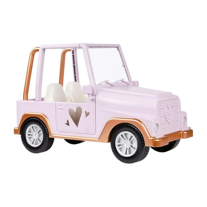 A toy convertible jeep-style vehicle in pastel pink with metallic rose-gold trim, cream seats, and black wheels, shown on a plain white background.