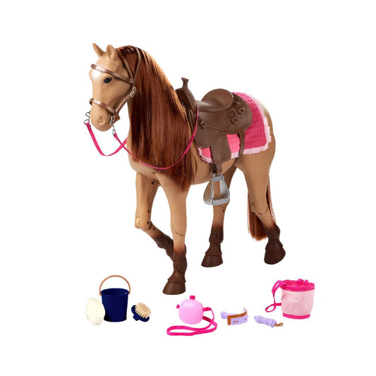 A toy horse with a brown mane and legs, shown with a brown saddle, pink blanket, and pink reins on a white background. Small accessory pieces are arranged below the horse, including a blue bucket, brush, pink watering can, and pink pouch.