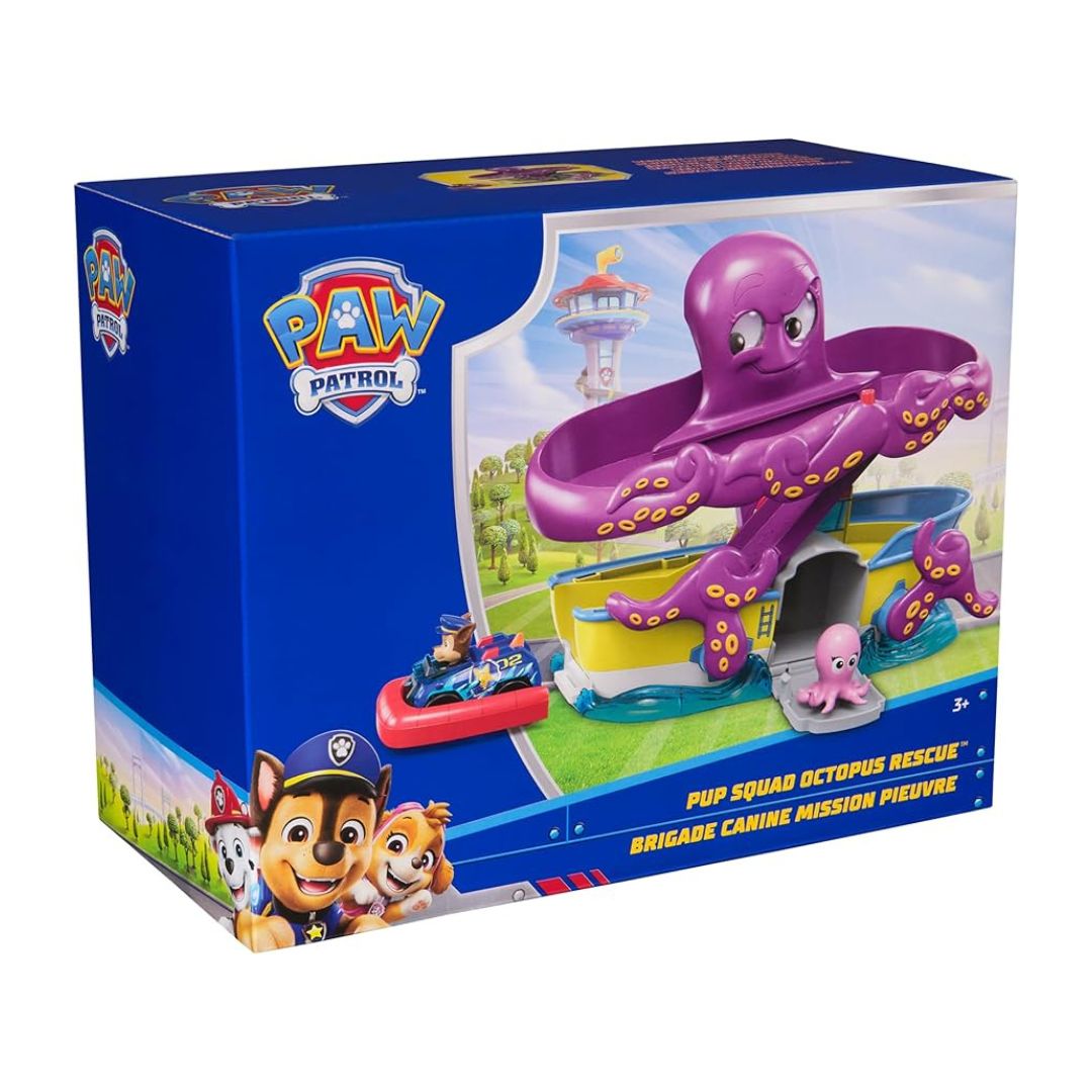 PAW Patrol Pup Squad Octopus Rescue toy set in its blue retail box, featuring a purple octopus play structure and small rescue vehicles on a white background.