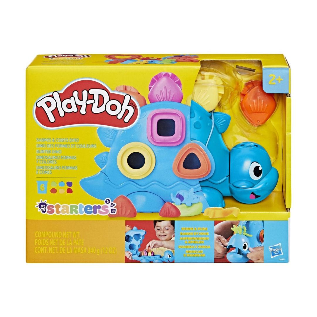 Play-Doh Starters toy set in its original yellow packaging, featuring a blue fish-shaped sorting toy with colorful shape cutouts and a small blue starfish.