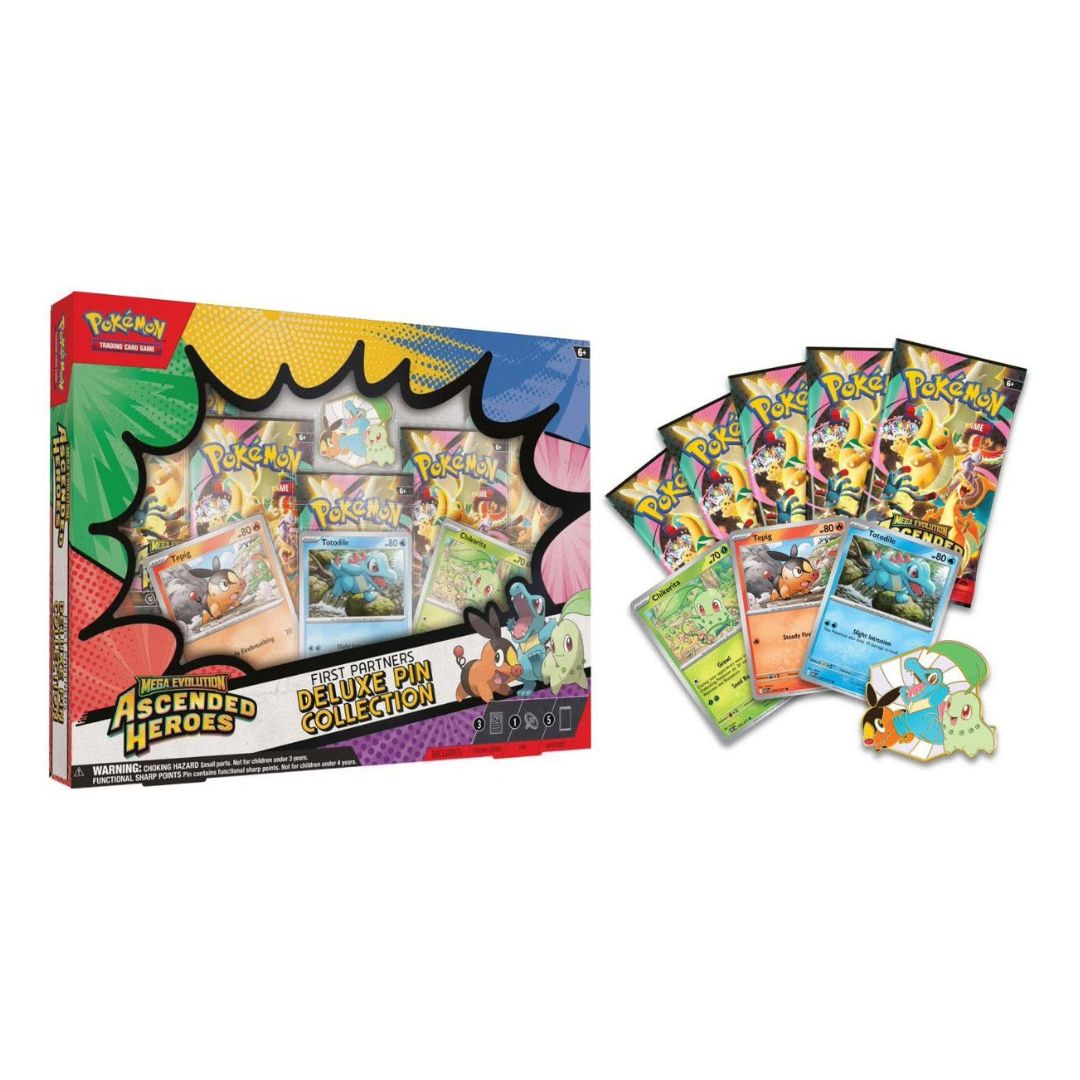 Pokémon Ascended Heroes Deluxe Pin Collection set shown with its illustrated box on the left and several sample cards and pins on the right, photographed on a plain white background.