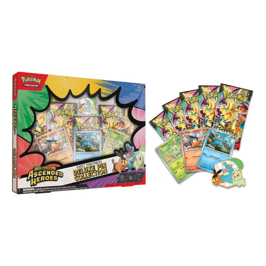 Pokémon Ascended Heroes Deluxe Pin Collection set shown with its illustrated box on the left and several sample cards and pins on the right, photographed on a plain white background.