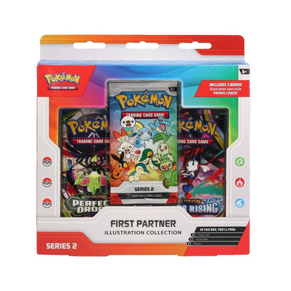 Pokémon Trading Card Game First Partner Illustration Collection Series 2 card pack bundle in retail packaging, showing the illustrated card game pack and two booster packs inside a colorful box.