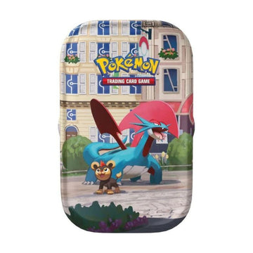 A Pokémon Trading Card Game accessory featuring a colorful printed design with the Pokémon logo and artwork of a blue dragon-like creature and a small brown character in front of a building facade.