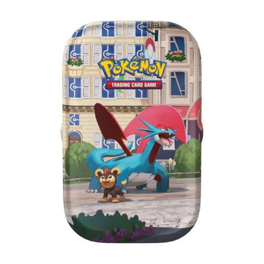 A Pokémon Trading Card Game accessory featuring a colorful printed design with the Pokémon logo and artwork of a blue dragon-like creature and a small brown character in front of a building facade.