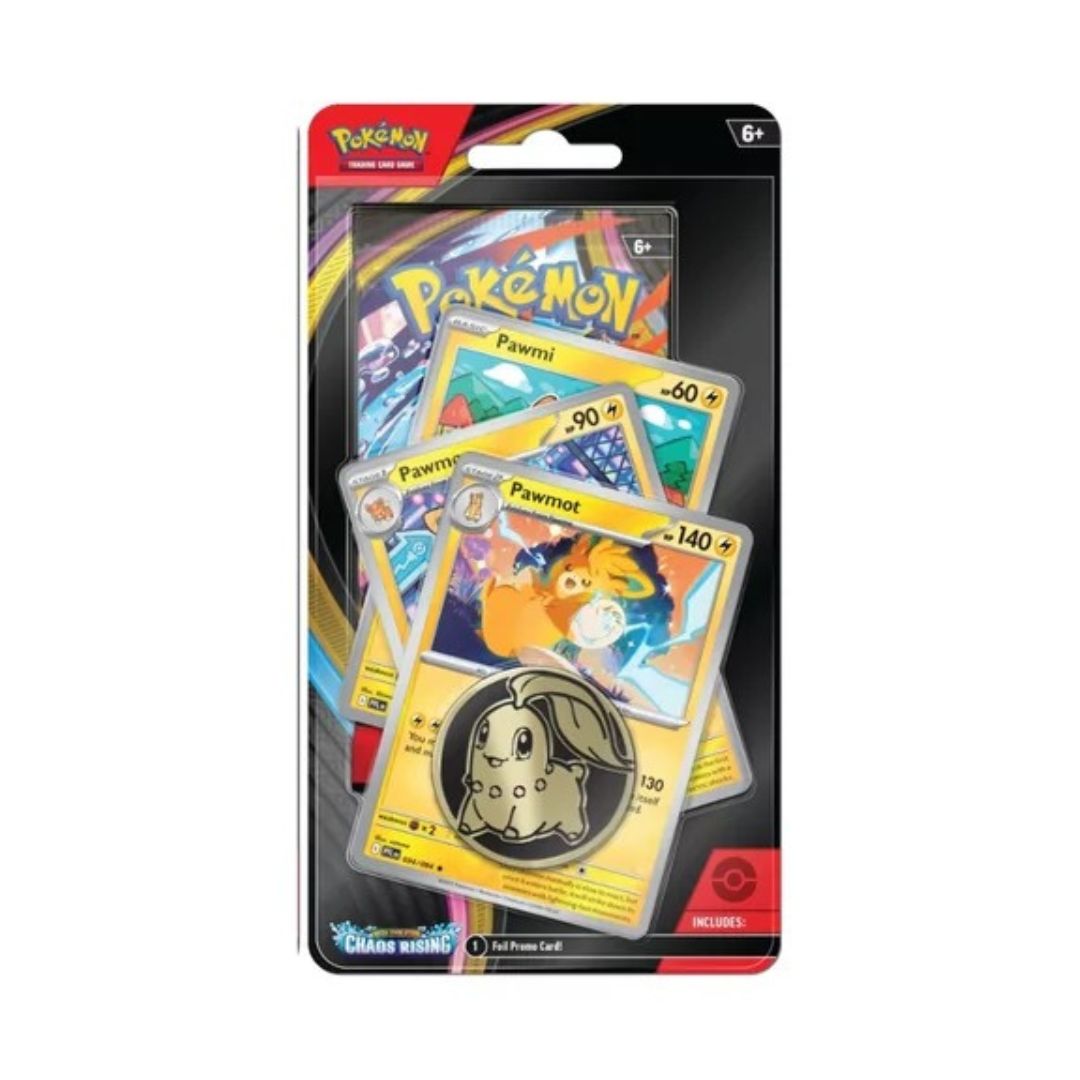 Pokémon TCG Magic: The Gathering card pack in blister packaging, featuring three sample Pokémon cards visible through the clear plastic window on a black backing card.