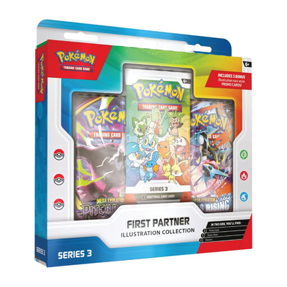 Pokémon Trading Card Game First Partner Illustration Collection set in its retail box, containing three booster packs and a character art card.