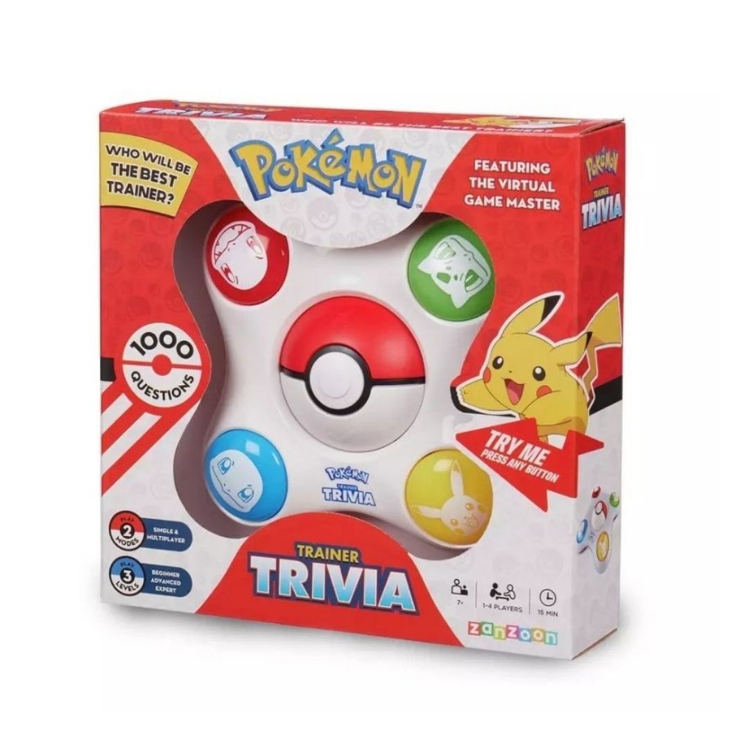 Pokémon Trainer Trivia game box featuring a red, white, and blue Pokémon ball design with colorful character graphics on a white background.