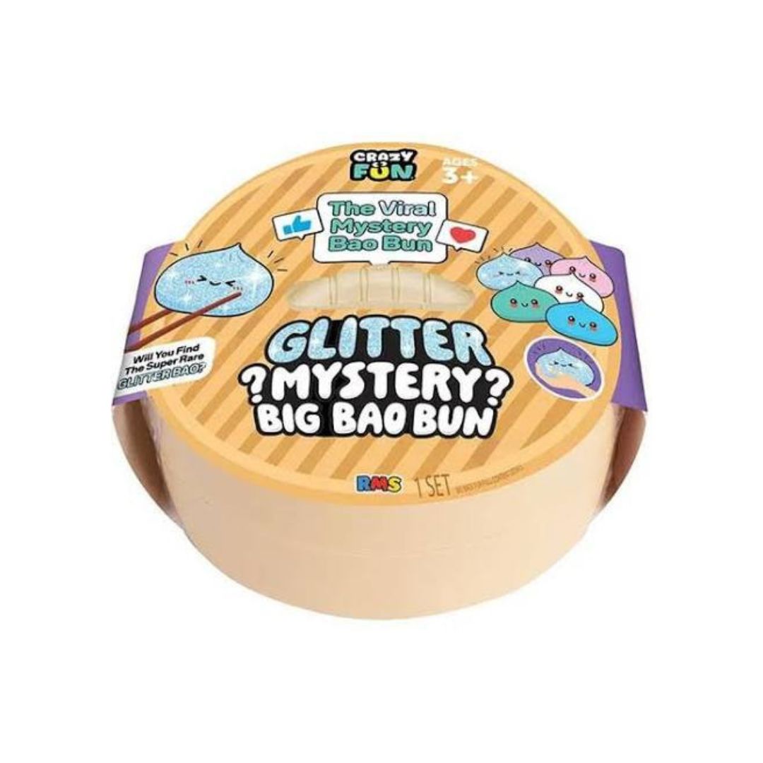 A set of two rolls of 'Glitter ? Mystery? Big Bao Bun' craft tape by Crazy Fun, featuring a light beige/tan color with colorful cartoon graphics on the cardboard lid.
