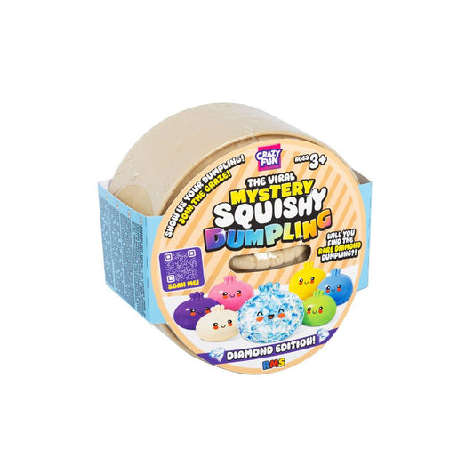 A roll of The Viral Mystery Squishy Dumpling Diamond Edition in its original packaging, featuring a beige dumpling and colorful cartoon graphics on the label.
