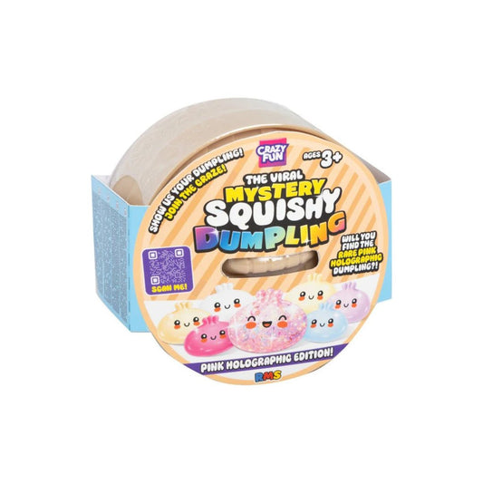 The Viral Mystery Squishy Dumpling in Pink Holographic Edition by Crazy Fun, shown in its original packaging with a clear plastic lid revealing a beige squishy dumpling inside.