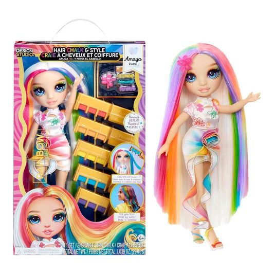 Shop the Rainbow High Hair Chalk & Style Amaya Raine doll! Features 11" Amaya doll, 5 washable rainbow hair chalks, combs, and hair clips for kids & doll.