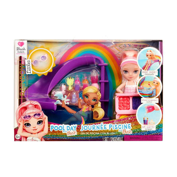 Blush Plush Pool Day toy set in its original window box packaging, featuring a doll with pink hair, a purple slide, a rainbow arch, and a small pool table setup.