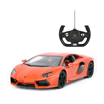 Orange Lamborghini-style remote control toy car with a black steering wheel controller on a white background.