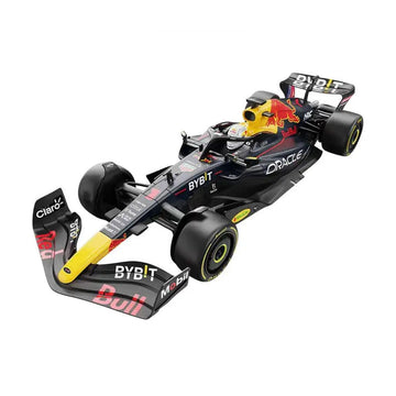 A Red Bull Racing Formula 1 car, specifically the R14 model shown in a clean studio shot on a white background. The livery is predominantly black with prominent yellow accents on the front wing end, rear wing, and helmet, along with white and red sponsor logos.